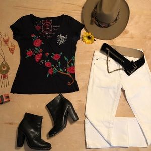 Johnny Was Embroidered Rose T Shirt